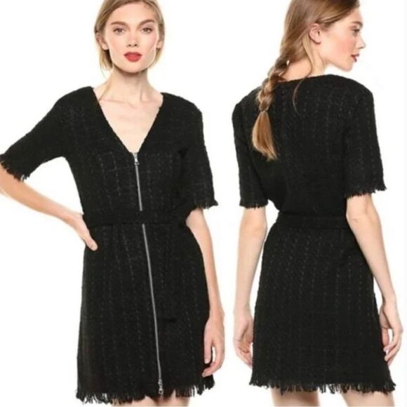 ✨ Bardot Boucle Tweed Zip Front Frayed Hem Dress Medium 8 Black - Picture 1 of 11